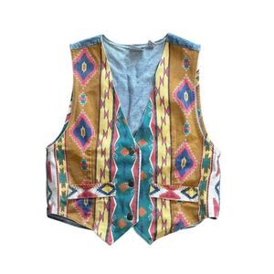 Vintage Nuovo County Seat Denim Vest Aztec Design Unisex M Multicolor